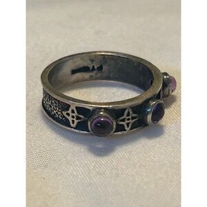 Vintage Sterling Silver Amethyst Cabochon Star Band Ring Gothic Medieval PT